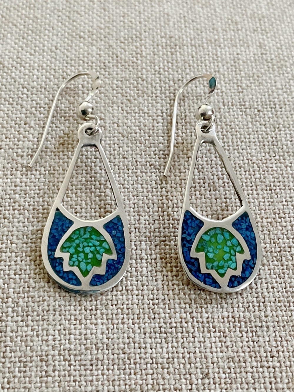 Sterling Silver 925 Mexico Blue Green Inlay Teardrop Dangle Earrings